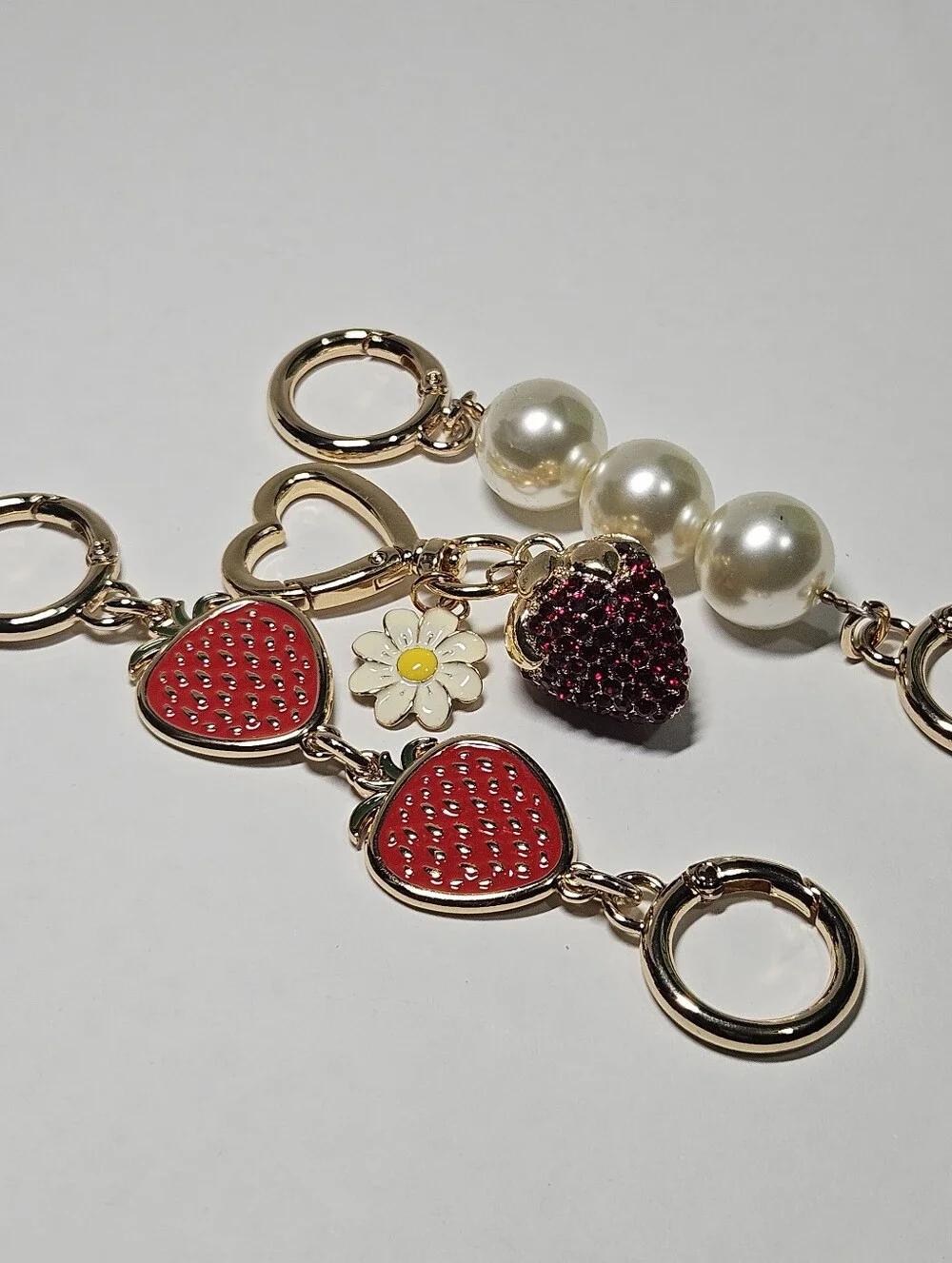 Luxury Rhinestone Strawberry & Pearl Gold Bag Charm Keychain Set - 3 Pcs